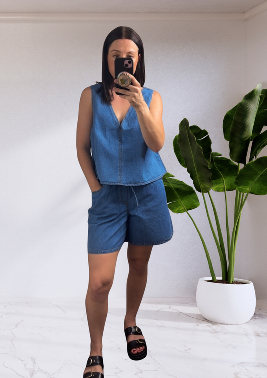 Cleo Elastic Waist Denim Shorts - Blue Vintage