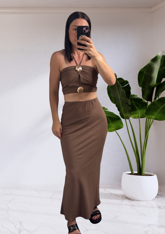 Amy Double Shell Halter Top & Skirt Set - Brown | By Frankie