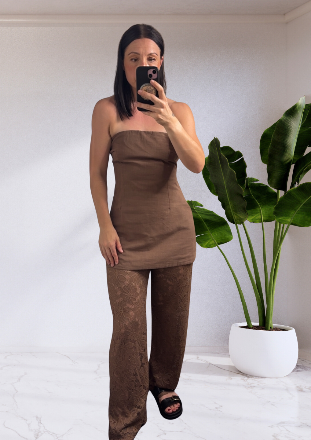 Zoe Strapless Cotton and Lace Pant Set - Brown