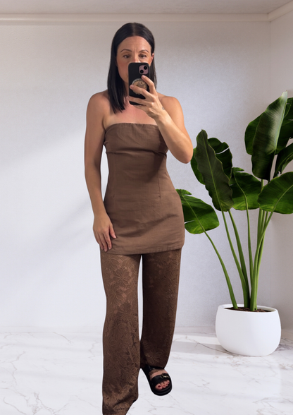Zoe Strapless Cotton and Lace Pant Set - Brown