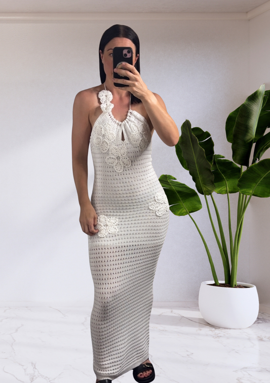 Adeline Halter Floral Crochet Knit Long Maxi Dress - White | By Frankie