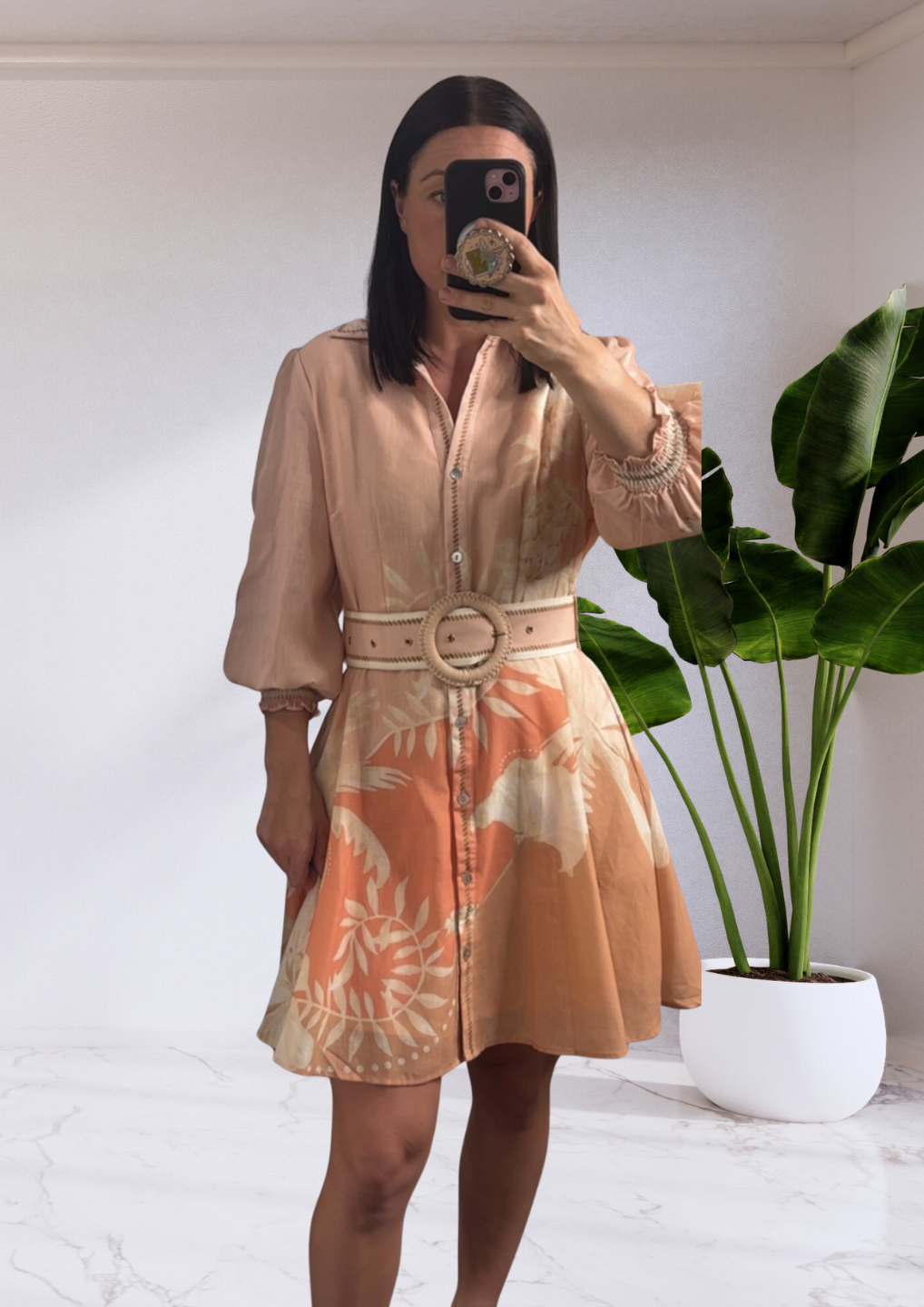 Donatella Button Up belted Mini Dress - Apricot Sand to the Shore