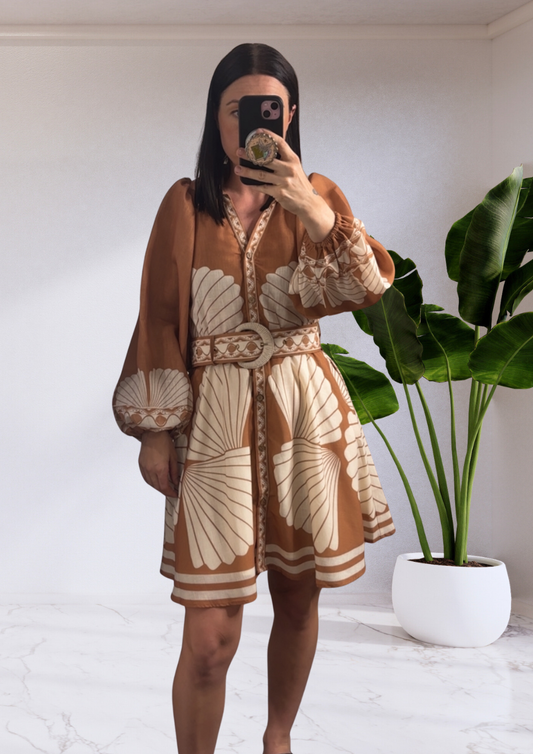Donatella Button Up belted Mini Dress - Brown Siena Shell