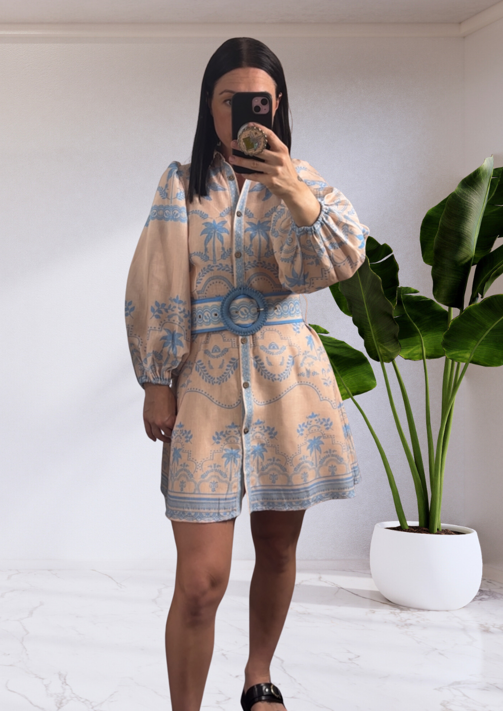 Donatella Button Up belted Mini Dress - Sand Blue