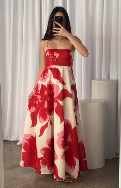 Chelsea Big Floral Print Maxi Dress - Pink Red