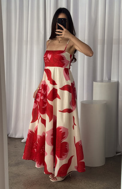 Chelsea Big Floral Print Maxi Dress - Pink Red