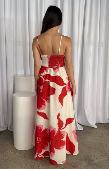 Chelsea Big Floral Print Maxi Dress - Pink Red