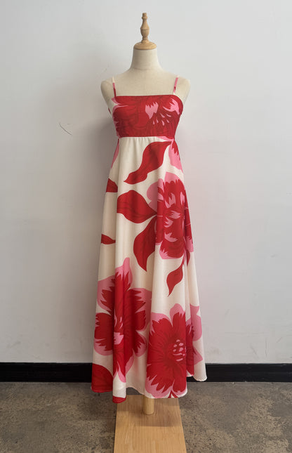 Chelsea Big Floral Print Maxi Dress - Pink Red
