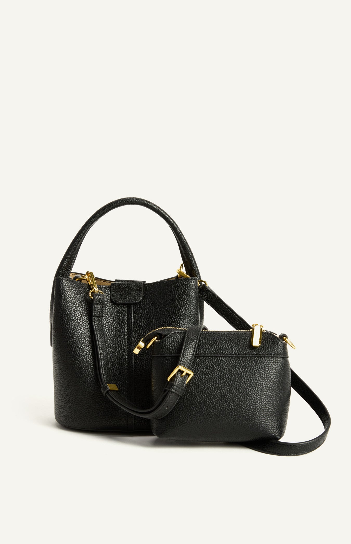 2 in 1 Pebbled Vegan Leather Bucket Bag with Interchangable Straps - Black | Style State