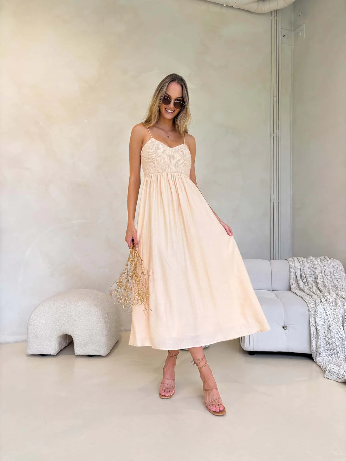 Kaylah Cupped Bust Sleeveless Midi Dress - Eggshell Beige