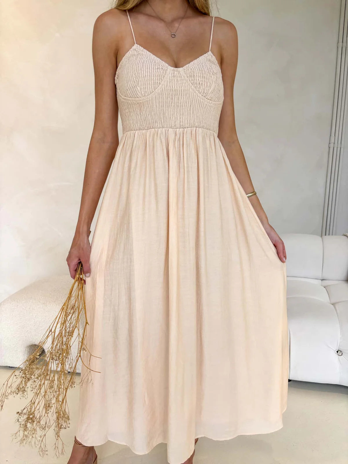 Kaylah Cupped Bust Sleeveless Midi Dress - Eggshell Beige