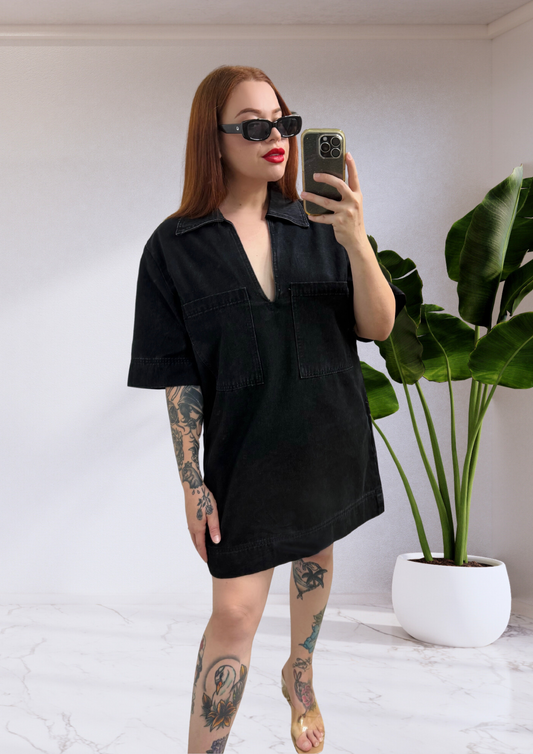 Jenna V-Neck Denim Mini Dress - Black | By Frankie