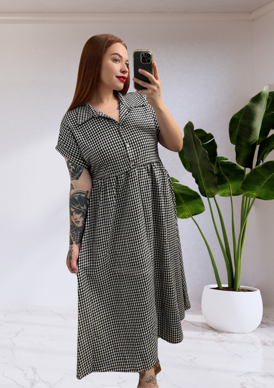 Elsie Button Up Bust Maxi Dress - Black White Gingham