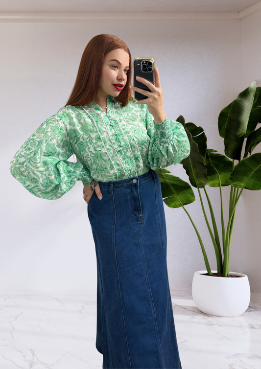Susan Button Up Long Sleeve Shirt - Green Floral