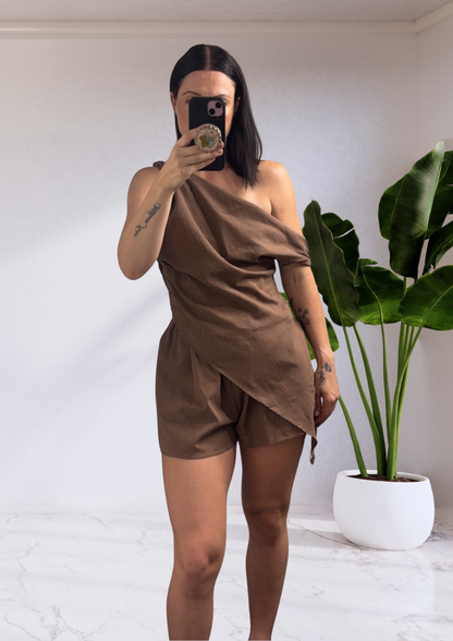 Morgan One Shoulder Top & Shorts Set - Brown | By Frankie