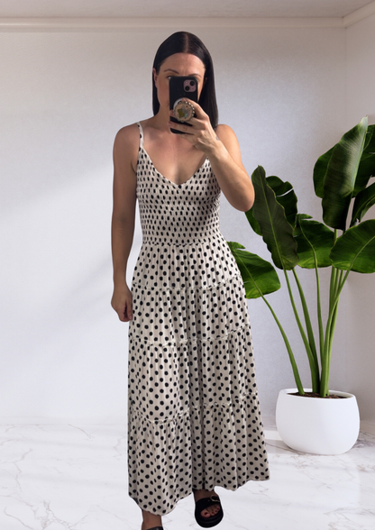 Jolene Shirred Bust Maxi Dress - Polka Dot Black