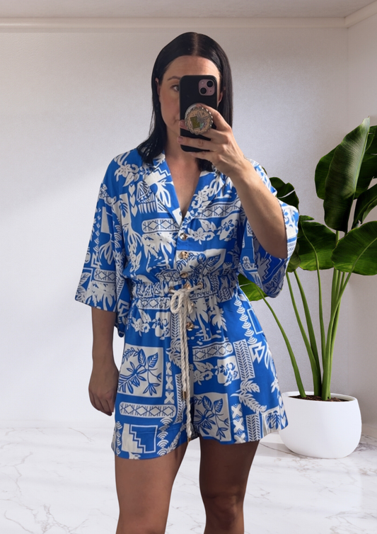 Malibu Button Up Playsuit Jumpsuit - Santorini Sea