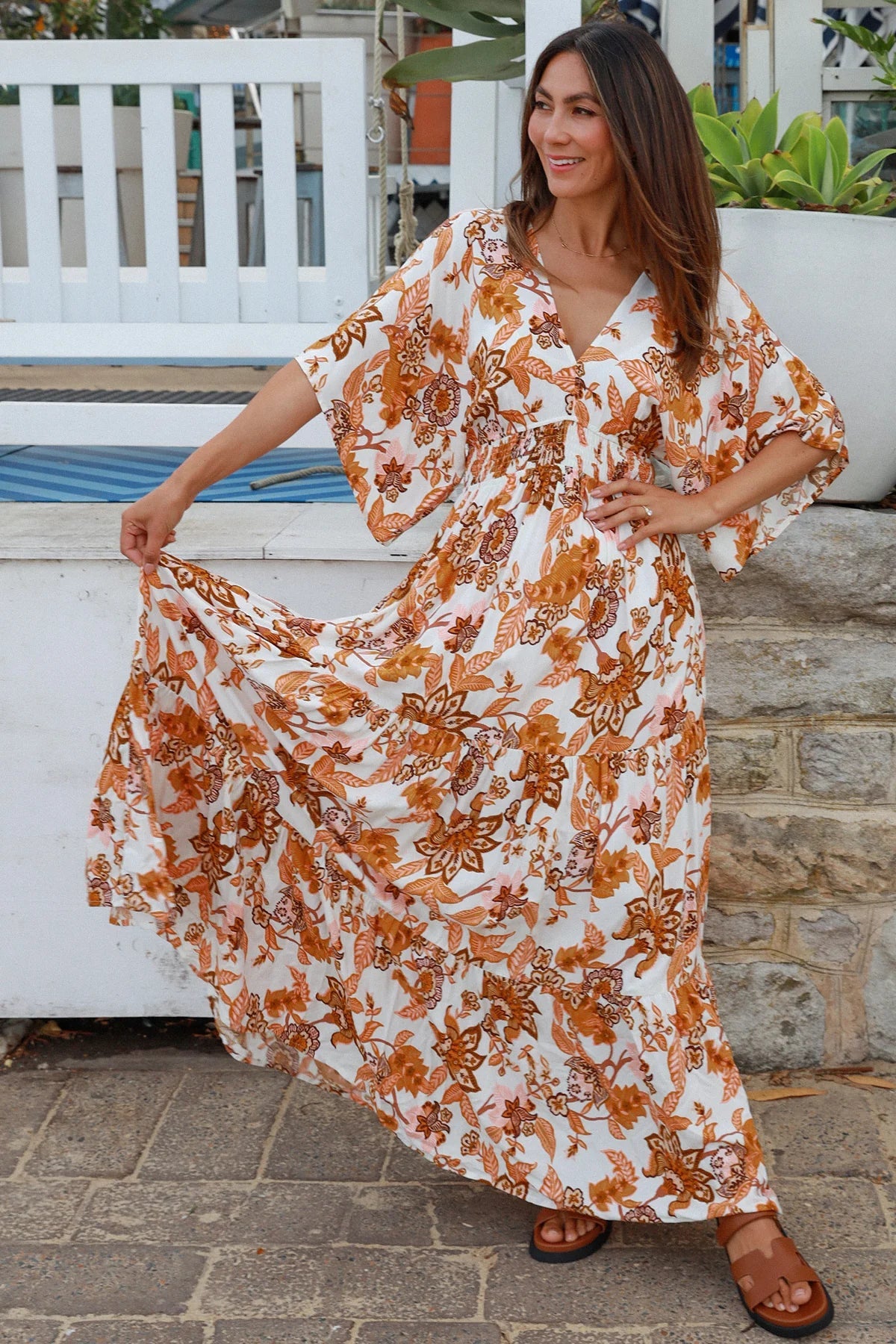 Monique Boho Maxi Dress - Brown Floral