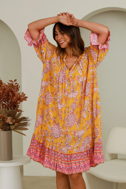 Kinsley Boho 1/2 Sleeves Mini Dress - Yellow