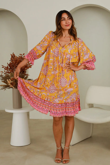 Kinsley Boho 1/2 Sleeves Mini Dress - Yellow