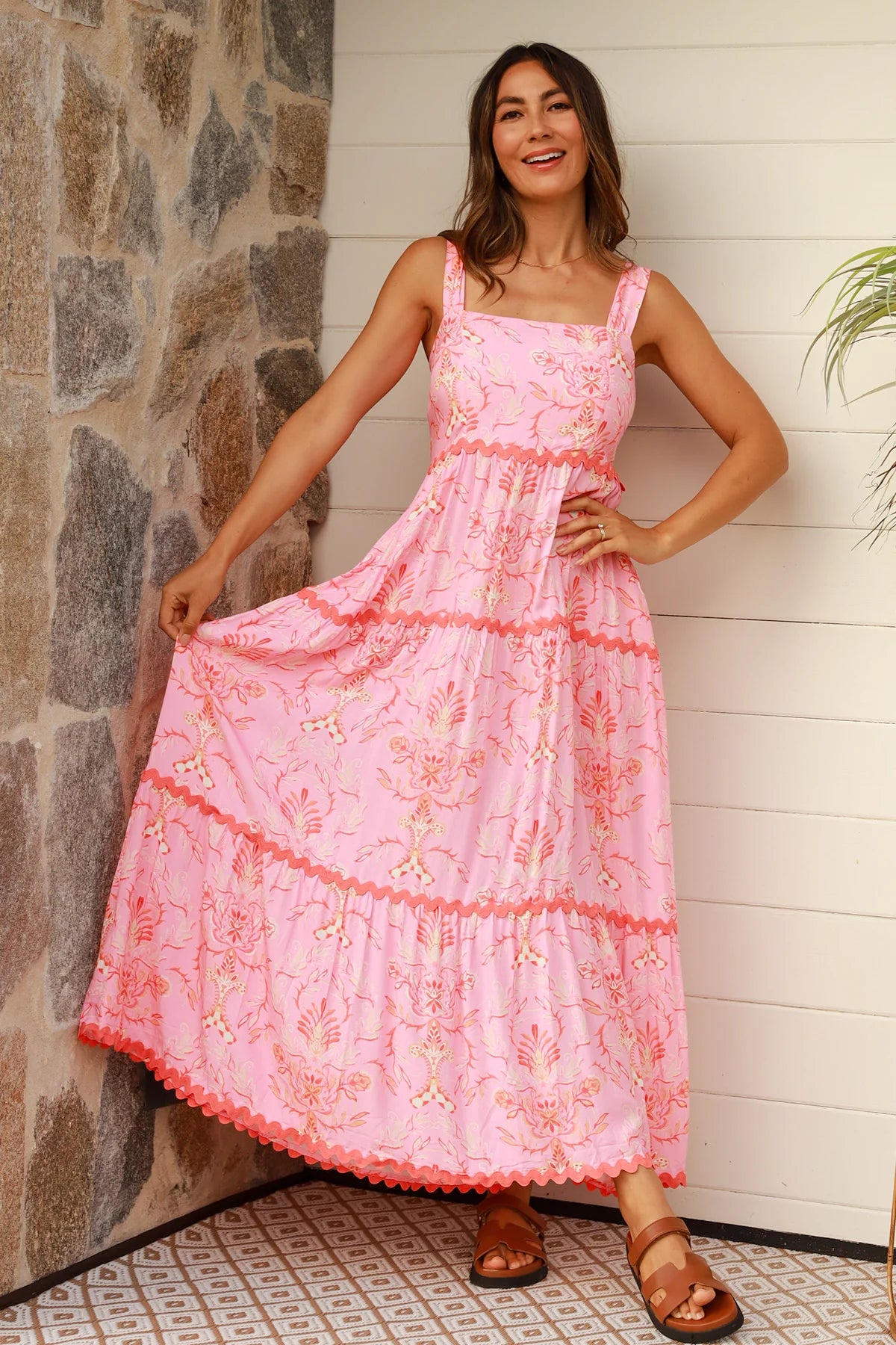 Stephanie Boho Ric Rac Maxi Dress - Pink