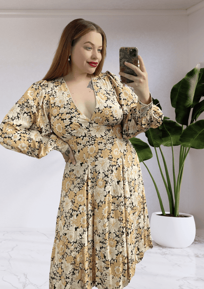 Avah Long Sleeve V-Neck Midi Dress - Floral