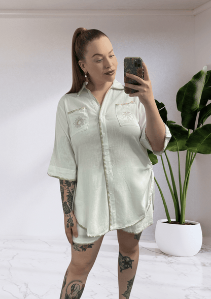 Aria By Mylk Shirt & Shorts Set - White Stitch