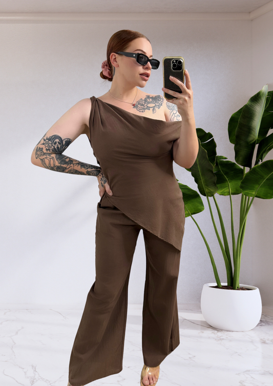 Morgan Off The Shoulder Top & Pants Set - Brown | By Frankie