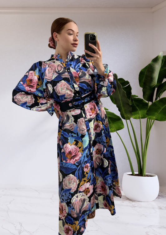 Donatella Long Sleeve Button Up Maxi Dress - Azure