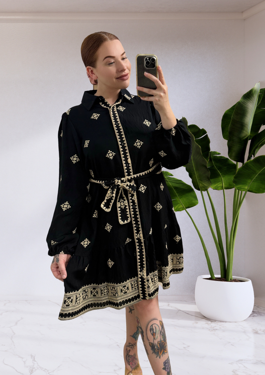 Kylie Long Sleeve Button Up Mini Dress - Black Embroidered