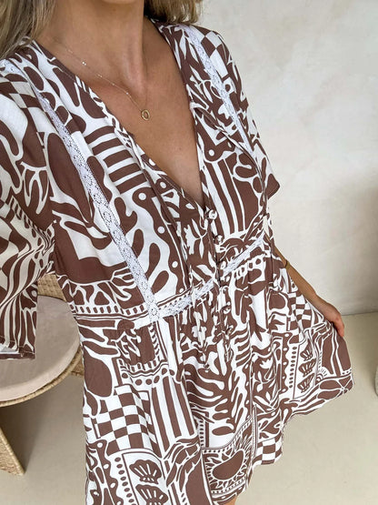 Sienna Short Sleeve Mini Dress Truffle Print