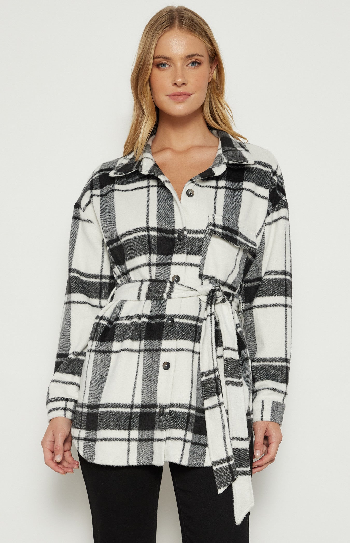 Checkered Button up Jacket with Belt - Black