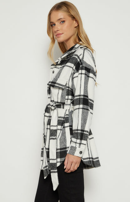 Checkered Button up Jacket with Belt - Black