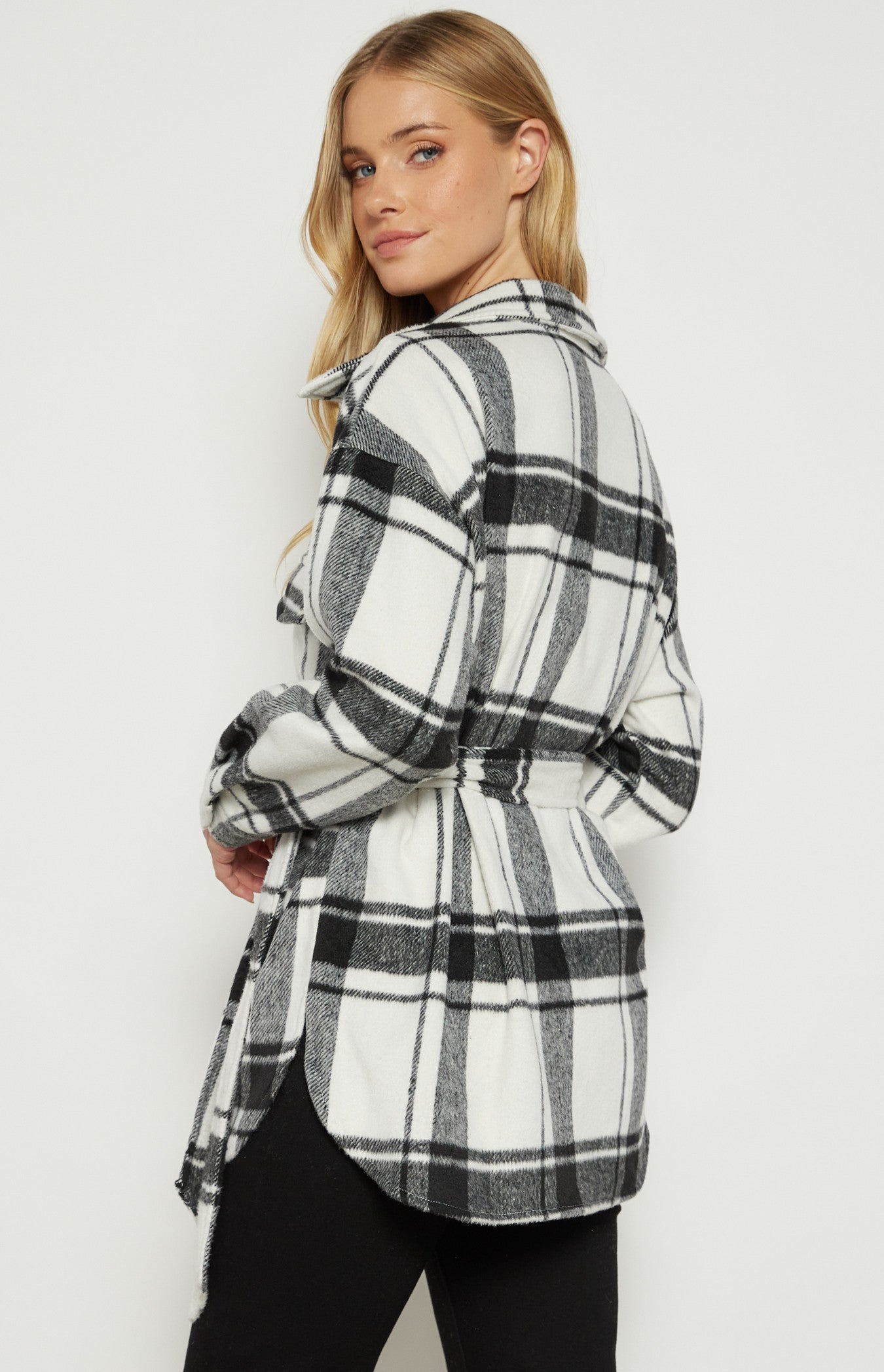 Checkered Button up Jacket with Belt - Black