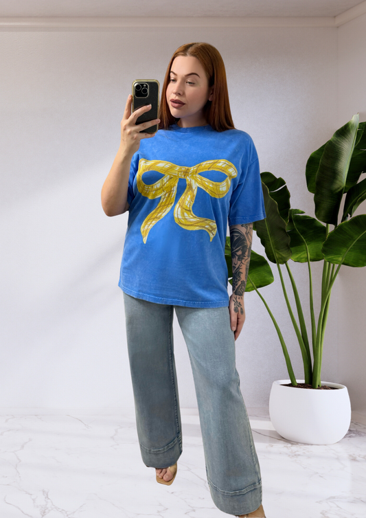 MAKU Big Bow Acid Wash Oversized Tee Shirt - Blue