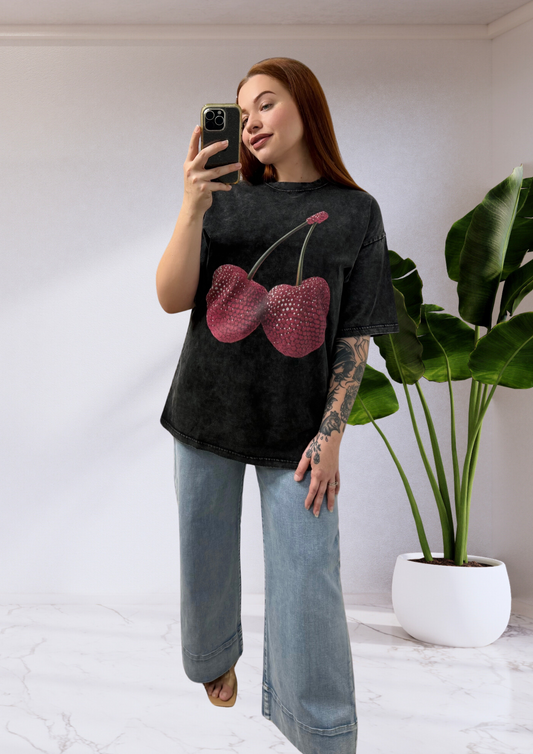 MAKU Cherry Baby Oversized Tee Shirt - Black Acid Wash