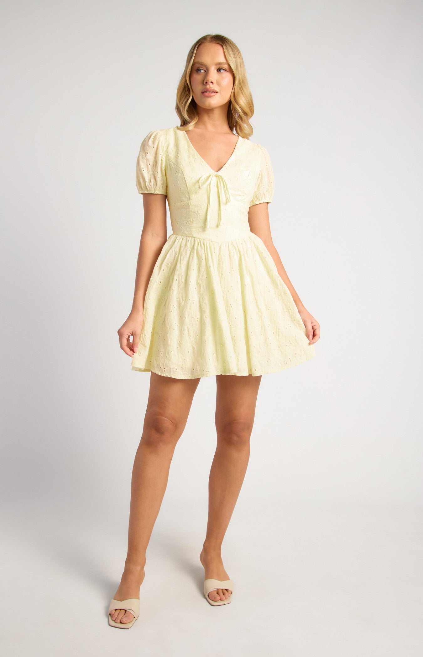Kaylee Embroidered Cotton V Waist Panel Mini Dress - Lemon Yellow