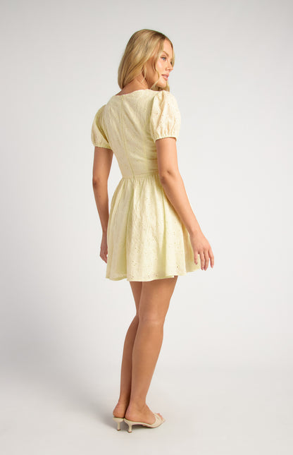 Kaylee Embroidered Cotton V Waist Panel Mini Dress - Lemon Yellow