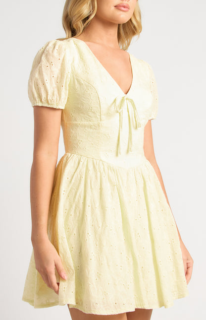 Kaylee Embroidered Cotton V Waist Panel Mini Dress - Lemon Yellow
