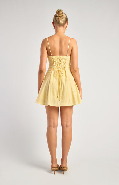 Khaya Lace Up Back Detail Embroidered Cotton Dress - Lemon Yellow