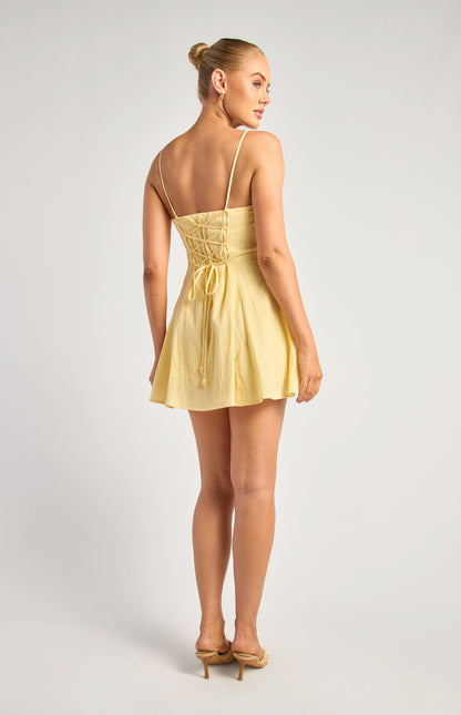 Khaya Lace Up Back Detail Embroidered Cotton Dress - Lemon Yellow