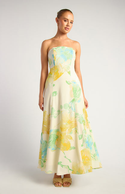 Marion Wildflower Floral Print Strapless Panel Detailing Maxi Dress - Lemon Yellow