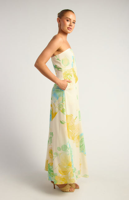 Marion Wildflower Floral Print Strapless Panel Detailing Maxi Dress - Lemon Yellow