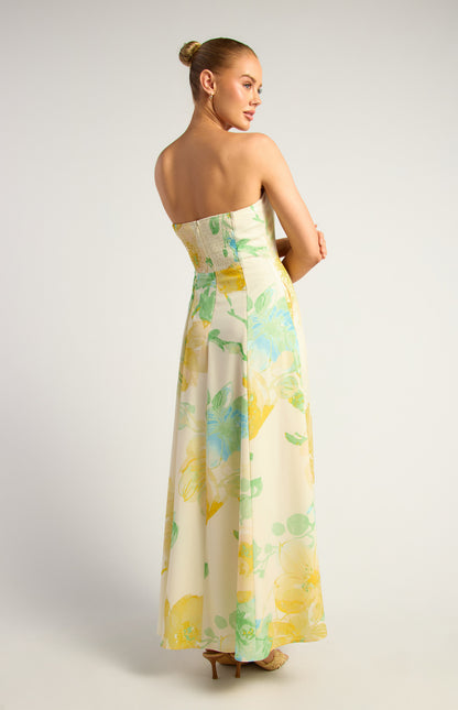 Marion Wildflower Floral Print Strapless Panel Detailing Maxi Dress - Lemon Yellow