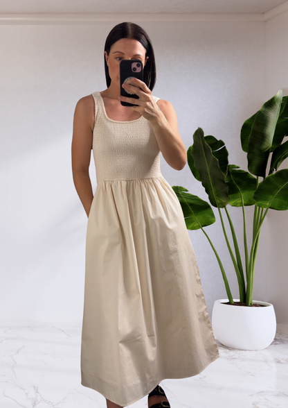 Bailey Shirred Bust Midi Dress - Beige