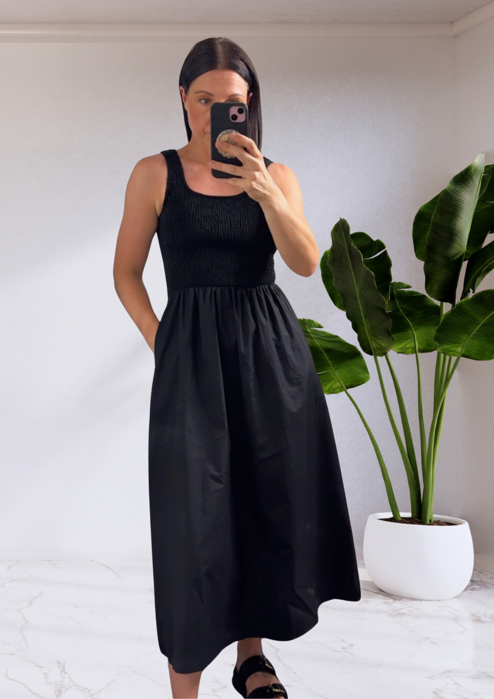 Bailey Shirred Bust Midi Dress - Black