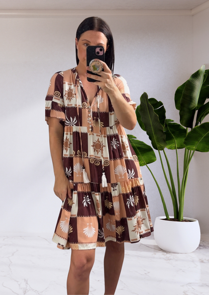 Grace Short Sleeve Button Up Short Dress - Brown Shell