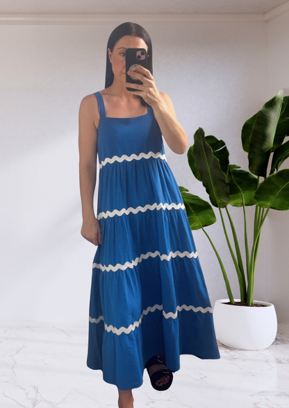 Tegan Ric Rac Maxi Dress - Blue White
