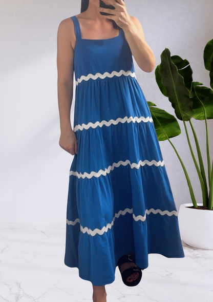 Tegan Ric Rac Maxi Dress Blue White