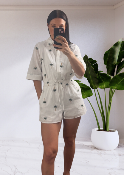 Ariana Collared Belted Button Up Playsuit - White Palm